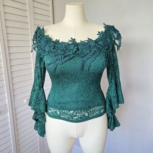 PASTEL‎ Green Lace Bell Sleeve Floral Blouse Sz S Goth Romantic Whimsical Fairy